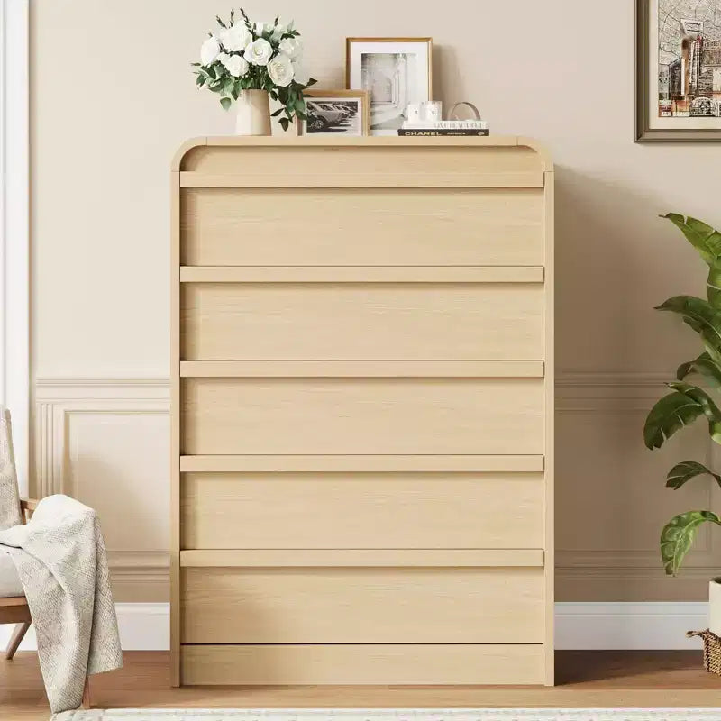 Comò in Legno a 5 Cassetti, Organizzatore di Stoccaggio dal Design Curvo per Camera da Letto, Soggiorno, Ingresso, Rovere Naturale