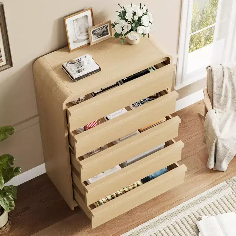 Comò in Legno a 5 Cassetti, Organizzatore di Stoccaggio dal Design Curvo per Camera da Letto, Soggiorno, Ingresso, Rovere Naturale