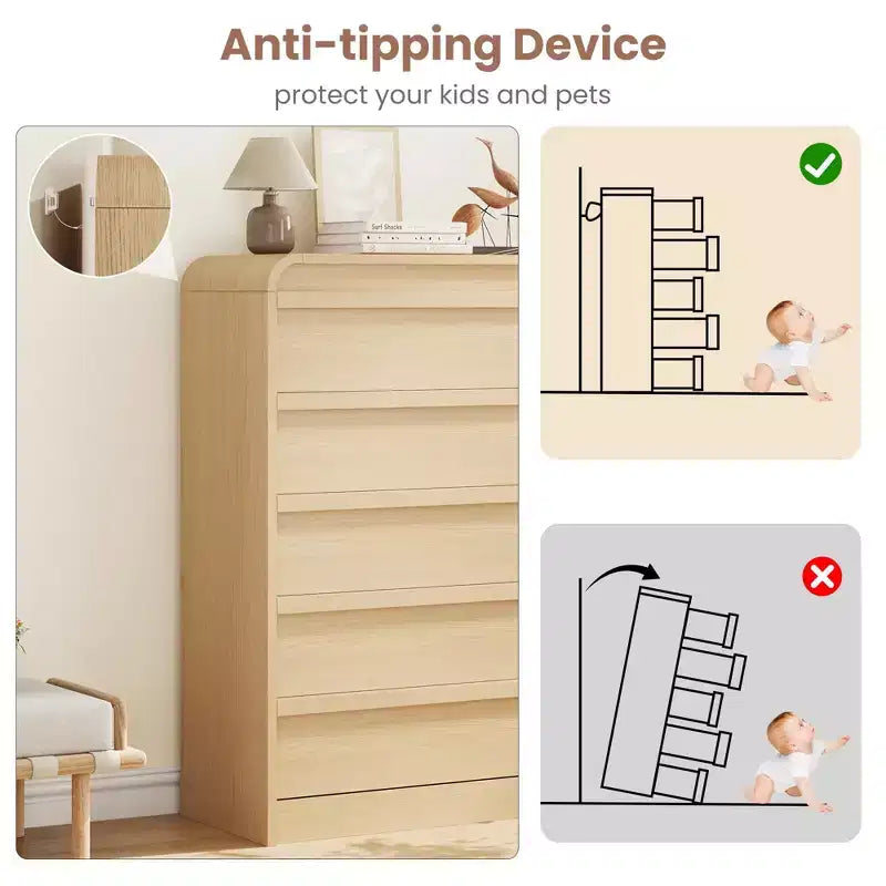 Comò in Legno a 5 Cassetti, Organizzatore di Stoccaggio dal Design Curvo per Camera da Letto, Soggiorno, Ingresso, Rovere Naturale