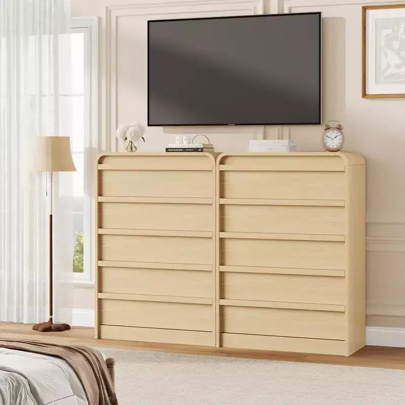 Comò in Legno a 5 Cassetti, Organizzatore di Stoccaggio dal Design Curvo per Camera da Letto, Soggiorno, Ingresso, Rovere Naturale