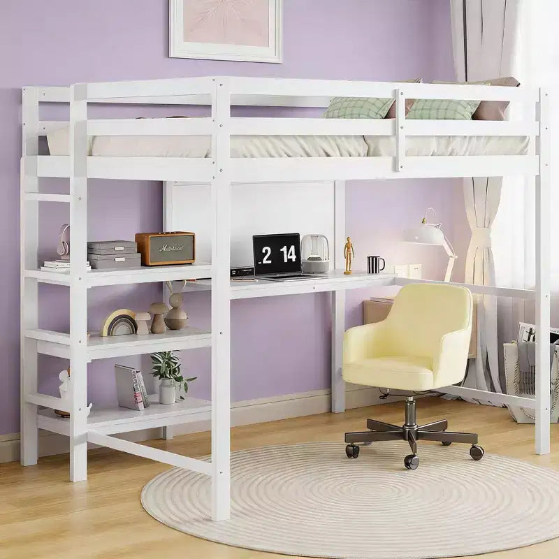 Letto a soppalco moderno con libreria, scrivania e lavagna per scrivere