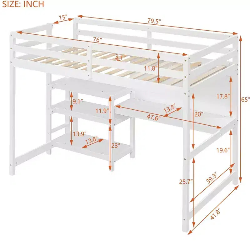 Letto a soppalco moderno con libreria, scrivania e lavagna per scrivere