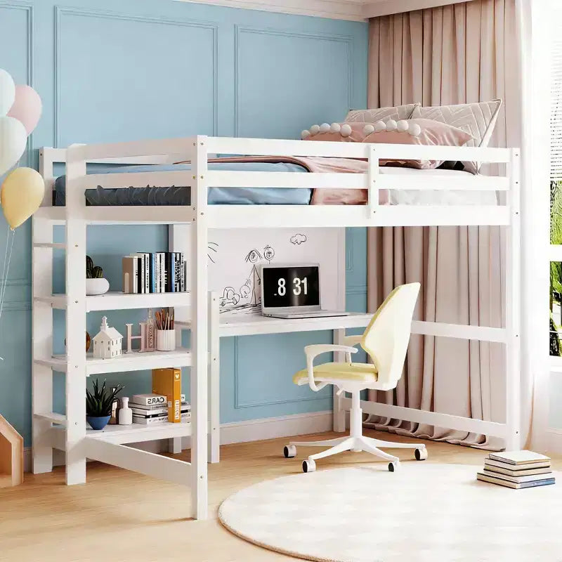 Letto a soppalco moderno con libreria, scrivania e lavagna per scrivere