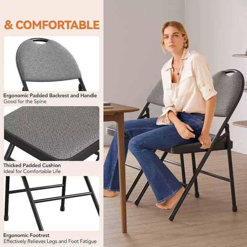 Sedie Pieghevoli in Lino Imbottite Confortevoli Confezione da 4 - Telaio in Metallo Resistente, Piedini Antiscivolo, Impilabili per Casa, Ufficio, Sala da Pranzo, Sedute per Ospiti Interno/Esterno