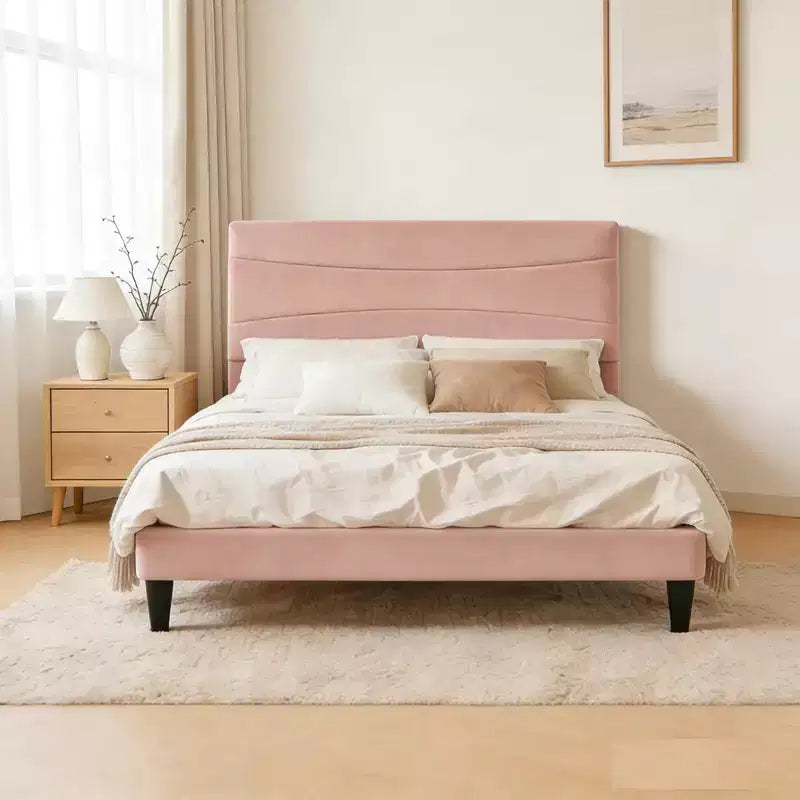 Struttura letto in velluto con testiera imbottita, robuste doghe in legno, silenziosa, facile da montare, non è necessaria la rete a molle