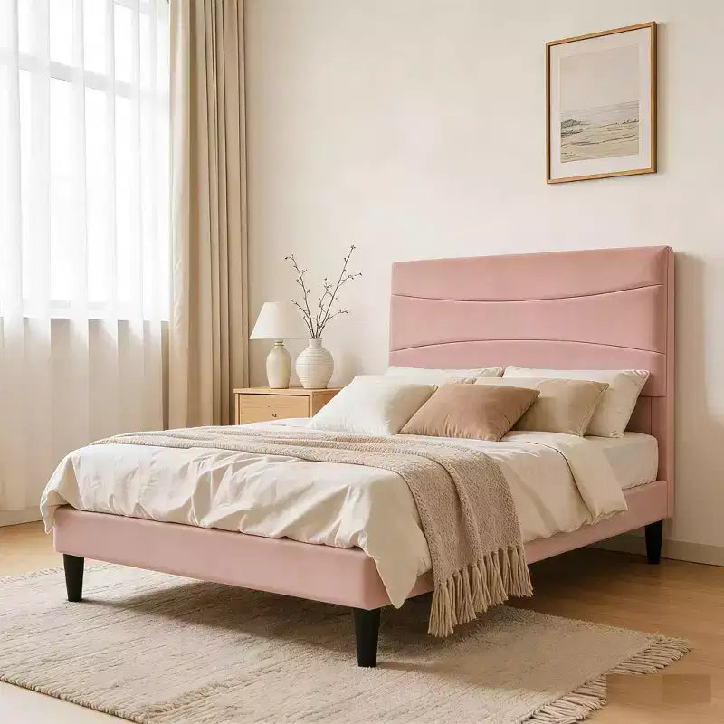 Struttura letto in velluto con testiera imbottita, robuste doghe in legno, silenziosa, facile da montare, non è necessaria la rete a molle