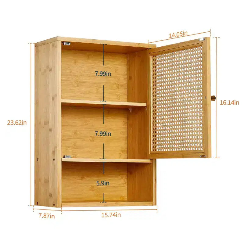 Pensile da bagno in bambù con ante in rattan, armadietto dei medicinali con ripiani regolabili e organizer salvaspazio, legno naturale/nero/bianco