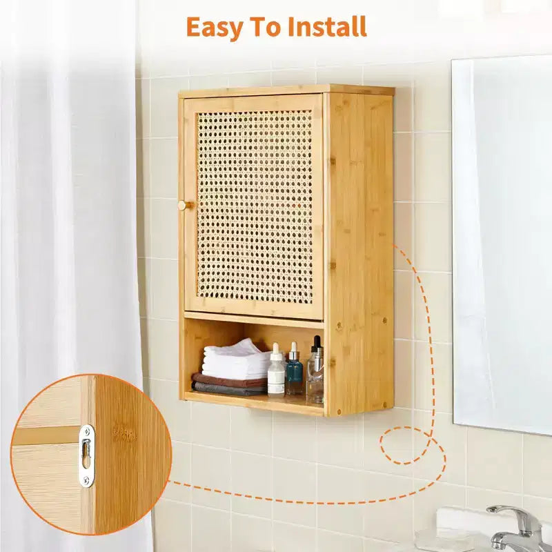 Pensile da bagno in bambù con ante in rattan, armadietto dei medicinali con ripiani regolabili e organizer salvaspazio, legno naturale/nero/bianco