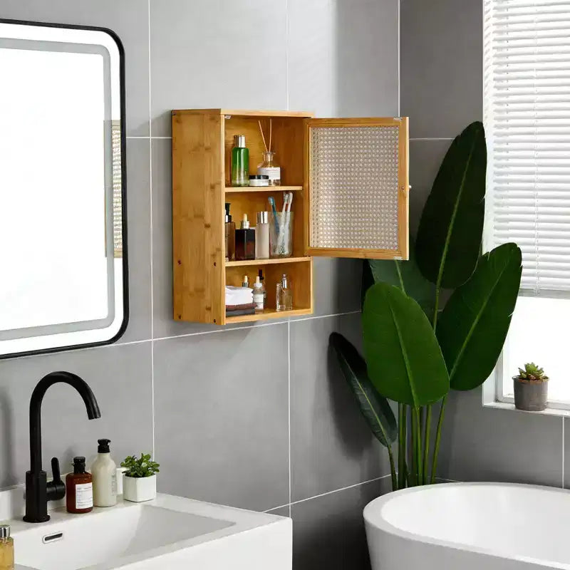 Pensile da bagno in bambù con ante in rattan, armadietto dei medicinali con ripiani regolabili e organizer salvaspazio, legno naturale/nero/bianco