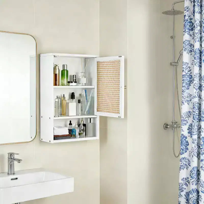 Pensile da bagno in bambù con ante in rattan, armadietto dei medicinali con ripiani regolabili e organizer salvaspazio, legno naturale/nero/bianco