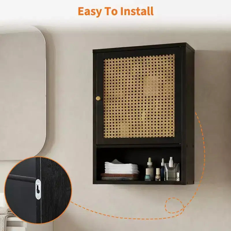 Pensile da bagno in bambù con ante in rattan, armadietto dei medicinali con ripiani regolabili e organizer salvaspazio, legno naturale/nero/bianco