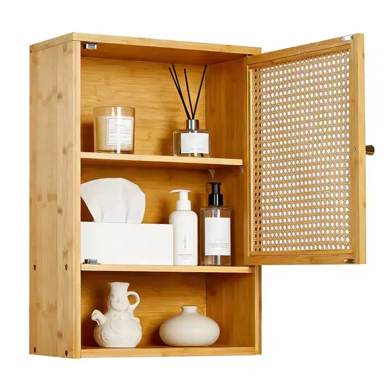 Pensile da bagno in bambù con ante in rattan, armadietto dei medicinali con ripiani regolabili e organizer salvaspazio, legno naturale/nero/bianco