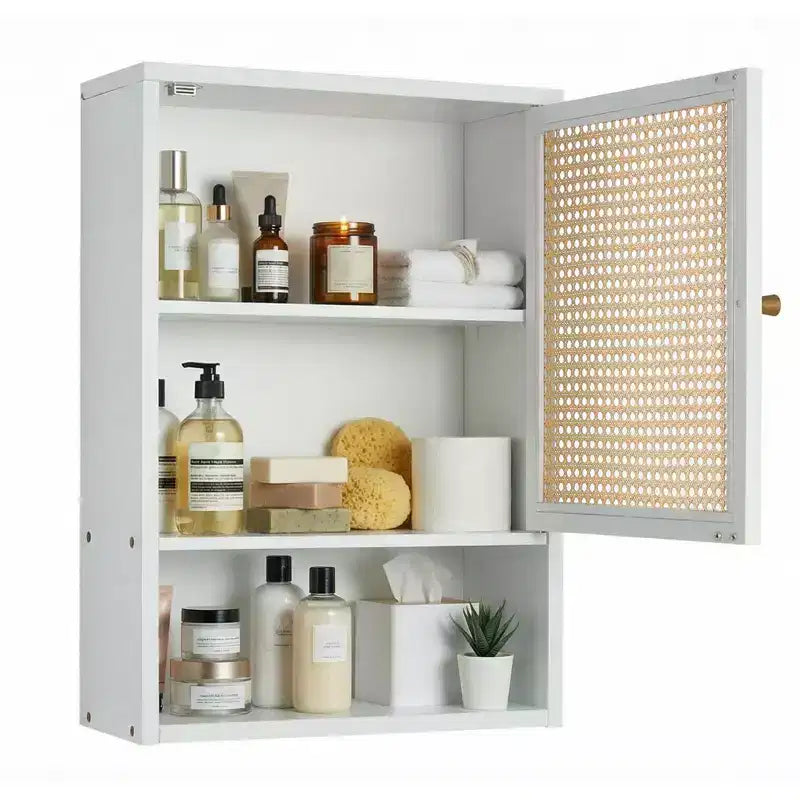 Pensile da bagno in bambù con ante in rattan, armadietto dei medicinali con ripiani regolabili e organizer salvaspazio, legno naturale/nero/bianco