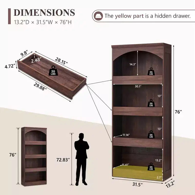 76 Libreria ad arco con cassetto inferiore con chiusura magnetica, moderna libreria in legno a 4 ripiani con 3 cassetti nascosti per ufficio, soggiorno