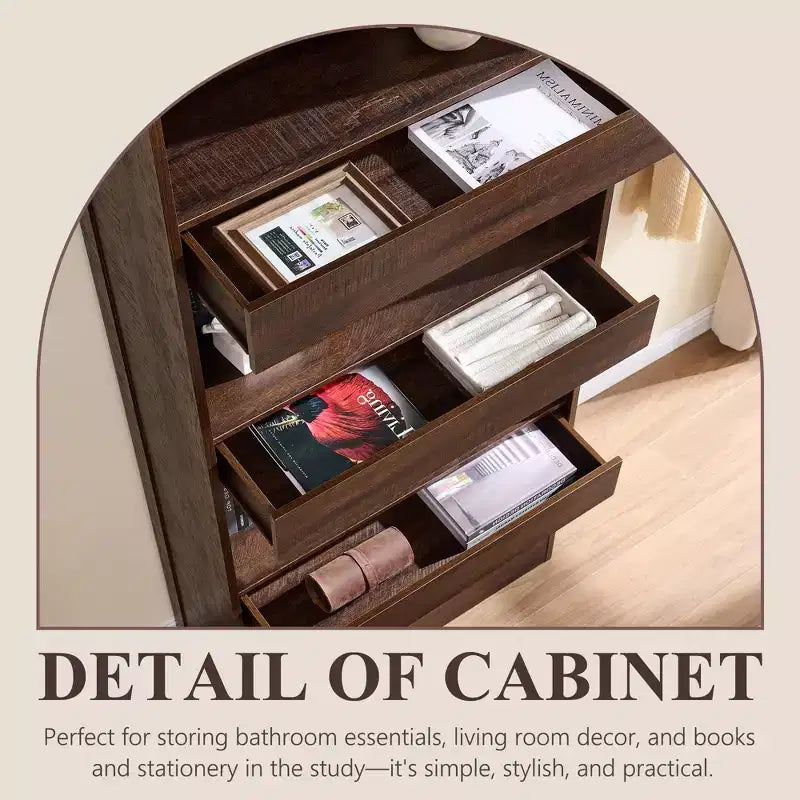76 Libreria ad arco con cassetto inferiore con chiusura magnetica, moderna libreria in legno a 4 ripiani con 3 cassetti nascosti per ufficio, soggiorno