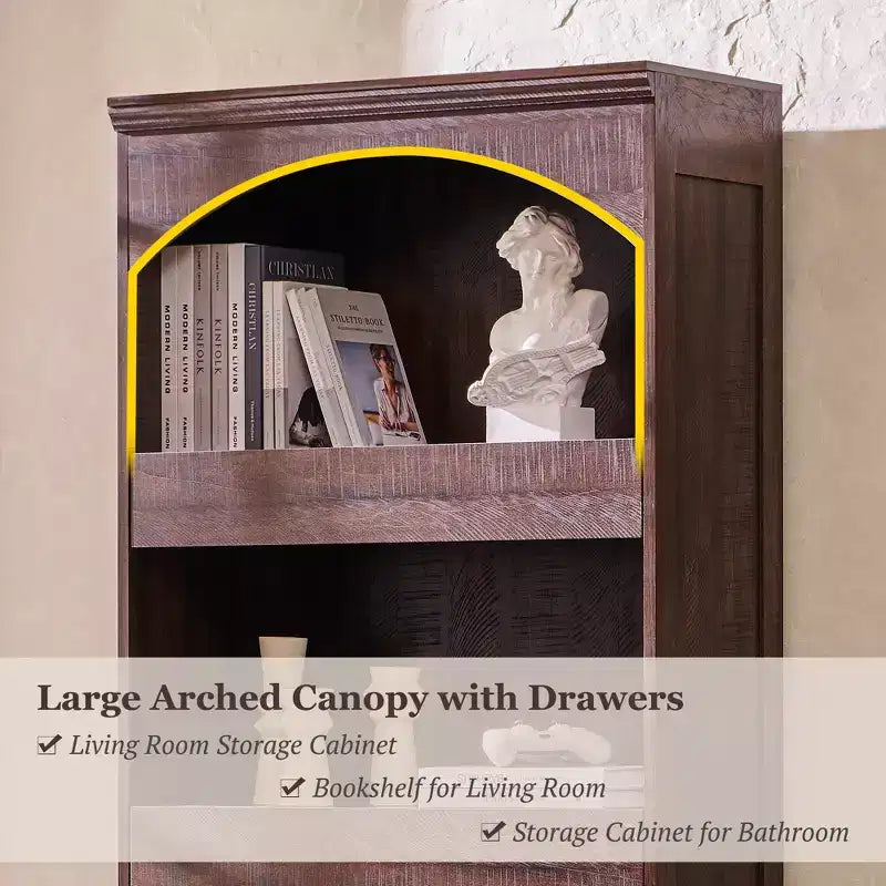 76 Libreria ad arco con cassetto inferiore con chiusura magnetica, moderna libreria in legno a 4 ripiani con 3 cassetti nascosti per ufficio, soggiorno