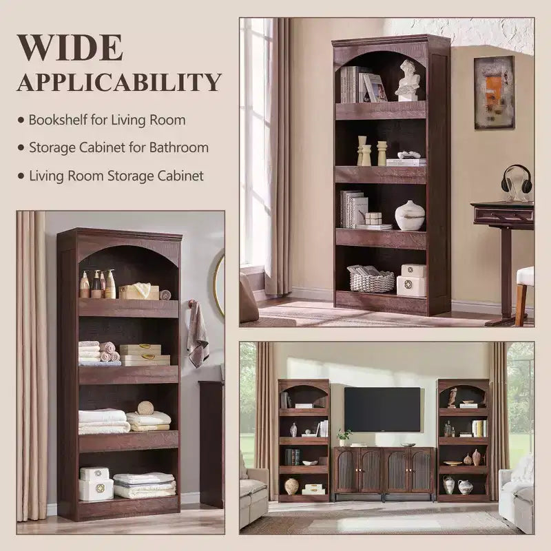 76 Libreria ad arco con cassetto inferiore con chiusura magnetica, moderna libreria in legno a 4 ripiani con 3 cassetti nascosti per ufficio, soggiorno