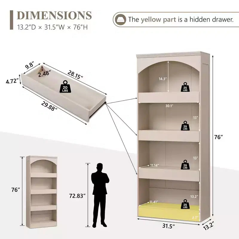 76 Libreria ad arco con cassetto inferiore con chiusura magnetica, moderna libreria in legno a 4 ripiani con 3 cassetti nascosti per ufficio, soggiorno