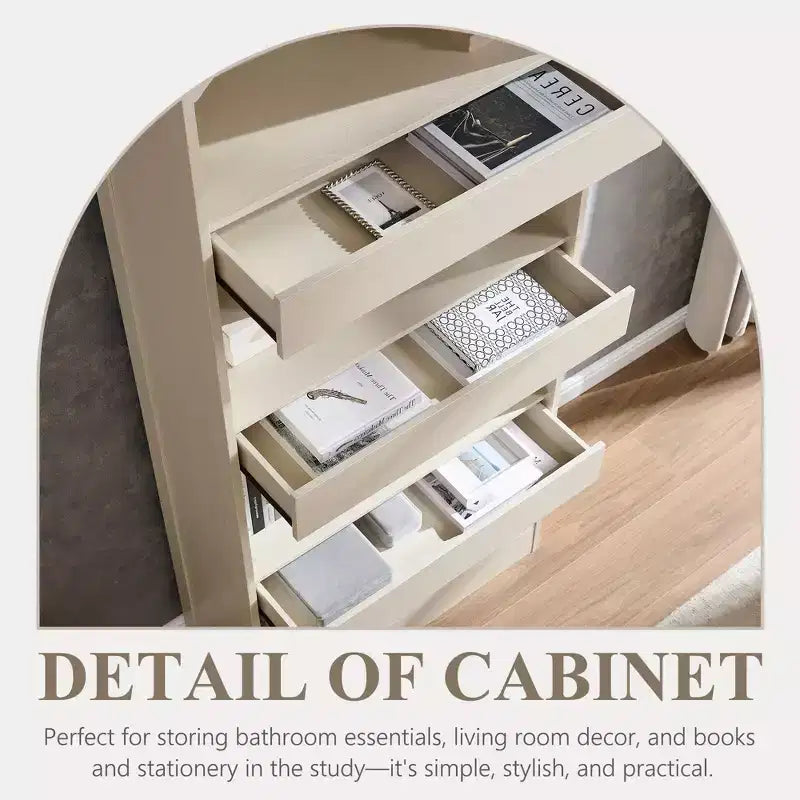 76 Libreria ad arco con cassetto inferiore con chiusura magnetica, moderna libreria in legno a 4 ripiani con 3 cassetti nascosti per ufficio, soggiorno
