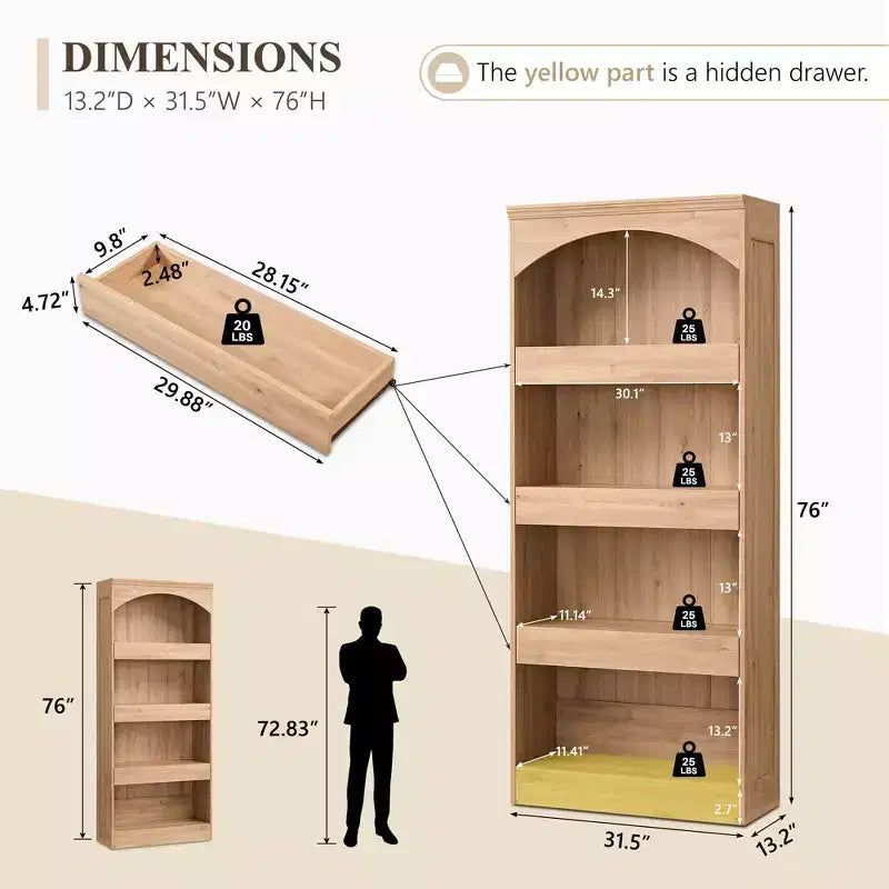 76 Libreria ad arco con cassetto inferiore con chiusura magnetica, moderna libreria in legno a 4 ripiani con 3 cassetti nascosti per ufficio, soggiorno