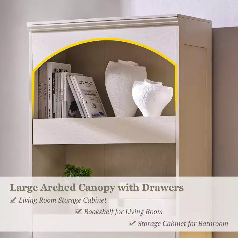 76 Libreria ad arco con cassetto inferiore con chiusura magnetica, moderna libreria in legno a 4 ripiani con 3 cassetti nascosti per ufficio, soggiorno
