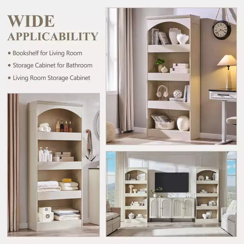 76 Libreria ad arco con cassetto inferiore con chiusura magnetica, moderna libreria in legno a 4 ripiani con 3 cassetti nascosti per ufficio, soggiorno