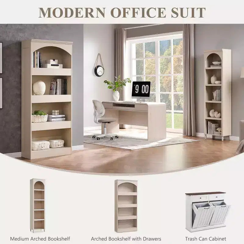 76 Libreria ad arco con cassetto inferiore con chiusura magnetica, moderna libreria in legno a 4 ripiani con 3 cassetti nascosti per ufficio, soggiorno