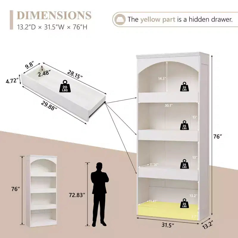 76 Libreria ad arco con cassetto inferiore con chiusura magnetica, moderna libreria in legno a 4 ripiani con 3 cassetti nascosti per ufficio, soggiorno