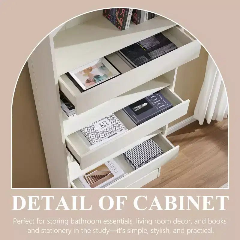 76 Libreria ad arco con cassetto inferiore con chiusura magnetica, moderna libreria in legno a 4 ripiani con 3 cassetti nascosti per ufficio, soggiorno
