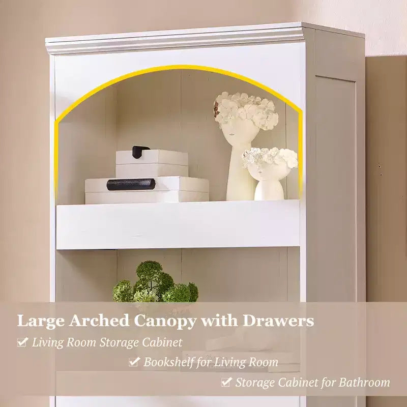 76 Libreria ad arco con cassetto inferiore con chiusura magnetica, moderna libreria in legno a 4 ripiani con 3 cassetti nascosti per ufficio, soggiorno