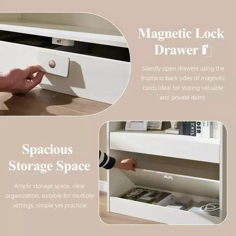 76 Libreria ad arco con cassetto inferiore con chiusura magnetica, moderna libreria in legno a 4 ripiani con 3 cassetti nascosti per ufficio, soggiorno