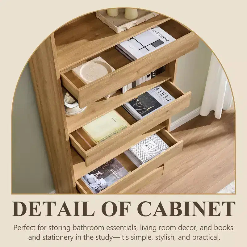 76 Libreria ad arco con cassetto inferiore con chiusura magnetica, moderna libreria in legno a 4 ripiani con 3 cassetti nascosti per ufficio, soggiorno