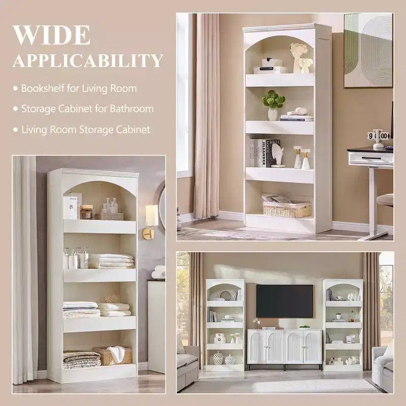 76 Libreria ad arco con cassetto inferiore con chiusura magnetica, moderna libreria in legno a 4 ripiani con 3 cassetti nascosti per ufficio, soggiorno