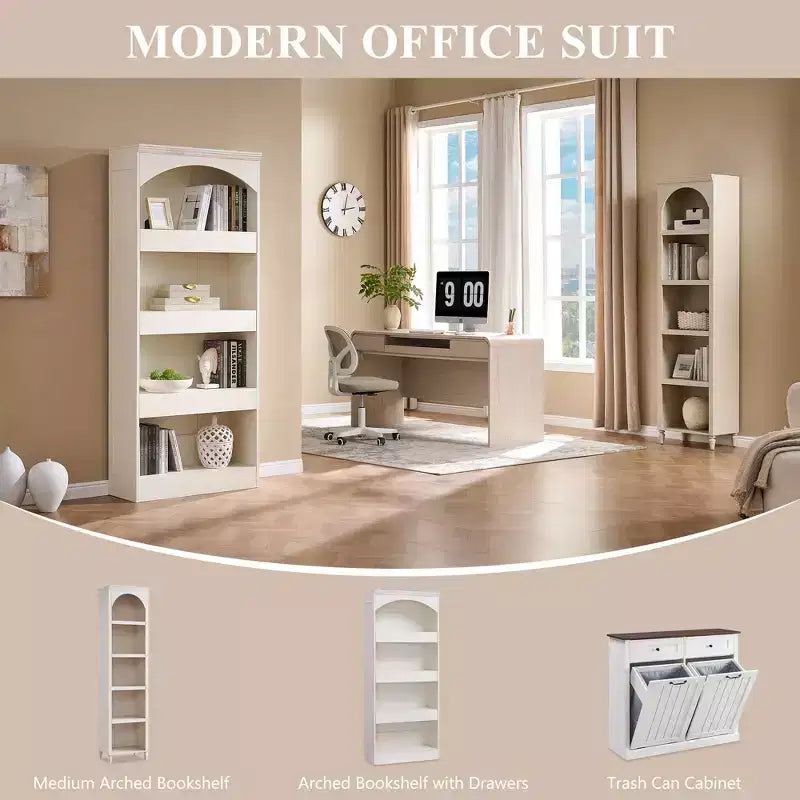 76 Libreria ad arco con cassetto inferiore con chiusura magnetica, moderna libreria in legno a 4 ripiani con 3 cassetti nascosti per ufficio, soggiorno
