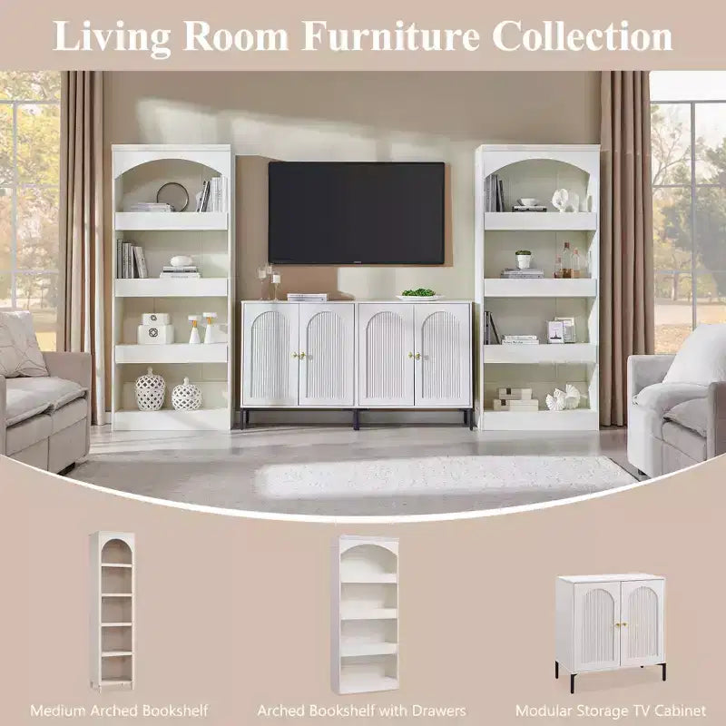 76 Libreria ad arco con cassetto inferiore con chiusura magnetica, moderna libreria in legno a 4 ripiani con 3 cassetti nascosti per ufficio, soggiorno