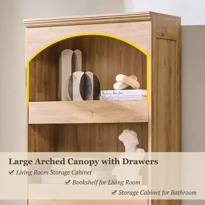 76 Libreria ad arco con cassetto inferiore con chiusura magnetica, moderna libreria in legno a 4 ripiani con 3 cassetti nascosti per ufficio, soggiorno