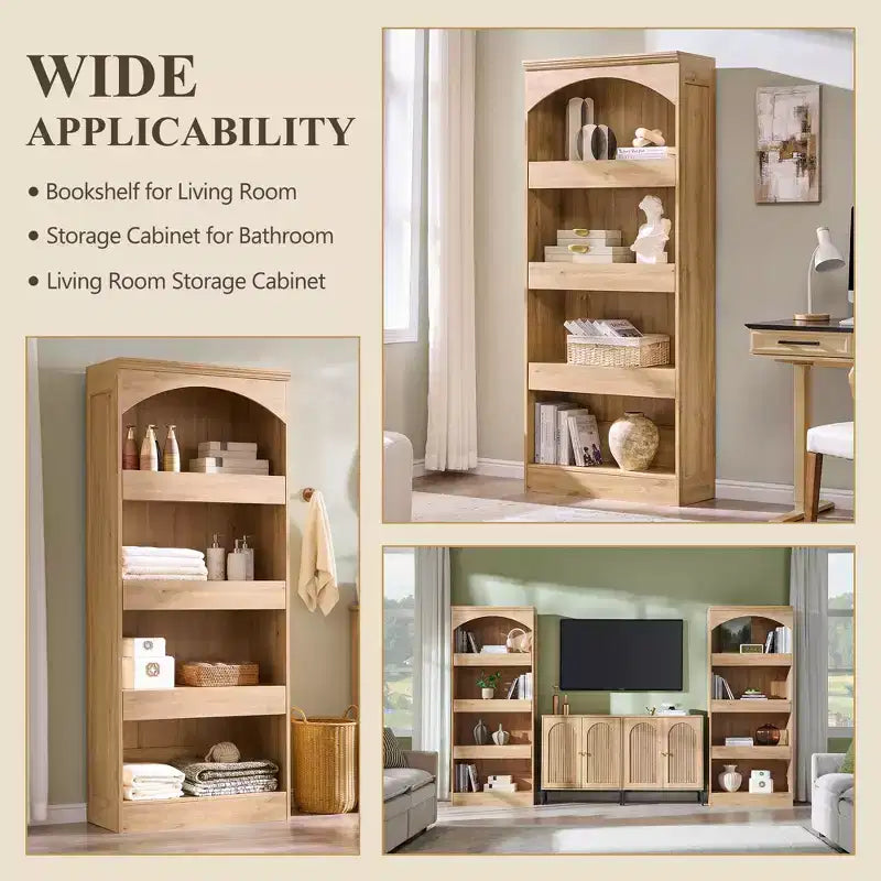 76 Libreria ad arco con cassetto inferiore con chiusura magnetica, moderna libreria in legno a 4 ripiani con 3 cassetti nascosti per ufficio, soggiorno