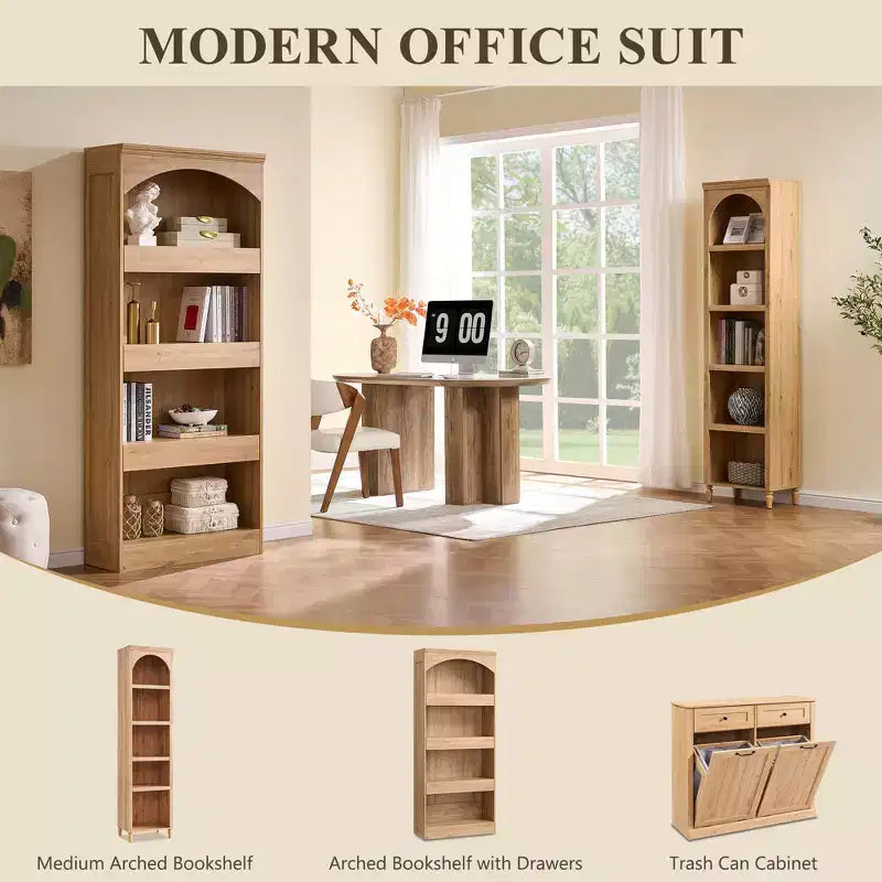 76 Libreria ad arco con cassetto inferiore con chiusura magnetica, moderna libreria in legno a 4 ripiani con 3 cassetti nascosti per ufficio, soggiorno