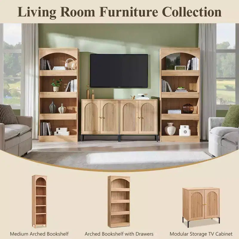76 Libreria ad arco con cassetto inferiore con chiusura magnetica, moderna libreria in legno a 4 ripiani con 3 cassetti nascosti per ufficio, soggiorno