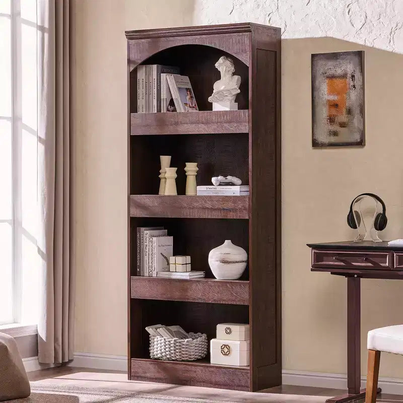 76 Libreria ad arco con cassetto inferiore con chiusura magnetica, moderna libreria in legno a 4 ripiani con 3 cassetti nascosti per ufficio, soggiorno