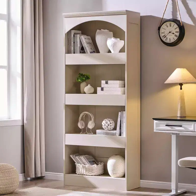 76 Libreria ad arco con cassetto inferiore con chiusura magnetica, moderna libreria in legno a 4 ripiani con 3 cassetti nascosti per ufficio, soggiorno