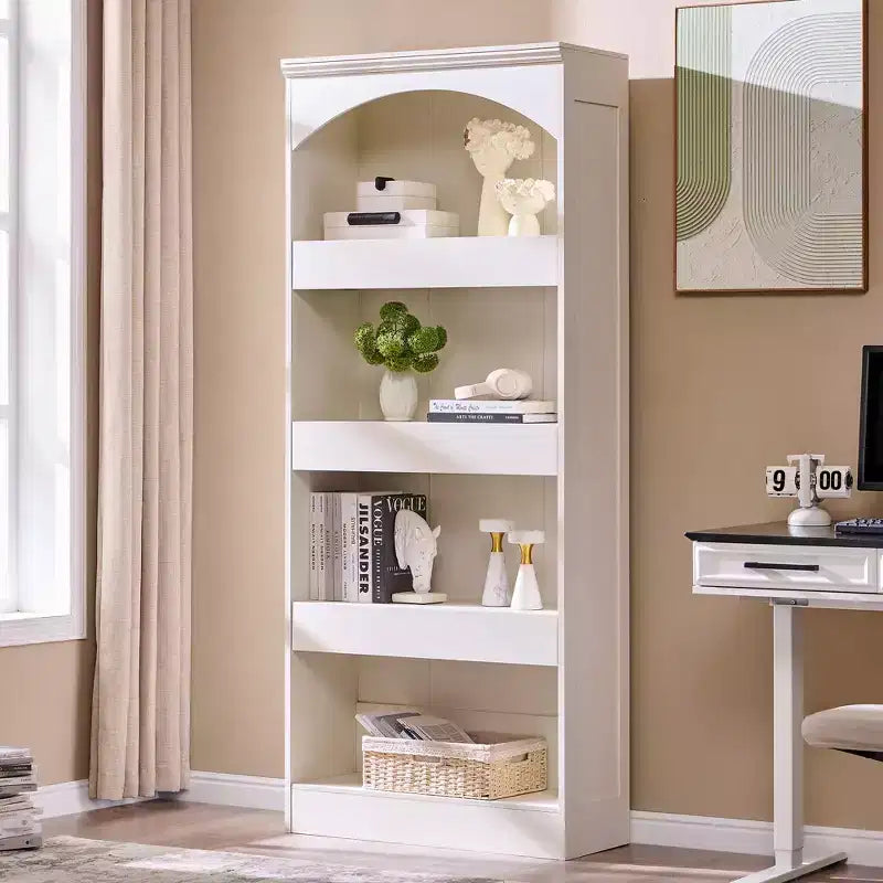 76 Libreria ad arco con cassetto inferiore con chiusura magnetica, moderna libreria in legno a 4 ripiani con 3 cassetti nascosti per ufficio, soggiorno