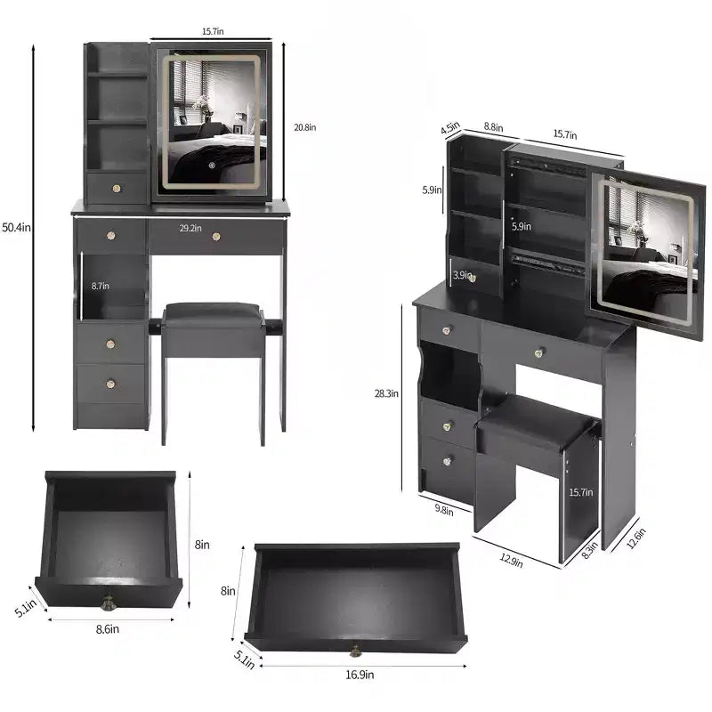 29,2 Pollici Naturale Trucco Vanity Scrivania con Specchio a LED, Conservazione Organizzata