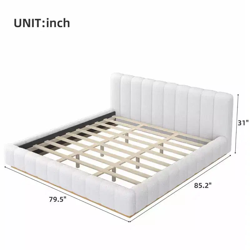 Struttura letto a piattaforma matrimoniale/king-size, con rivestimento in bouclé e base in legno, a basso profilo per camera da letto, appartamento