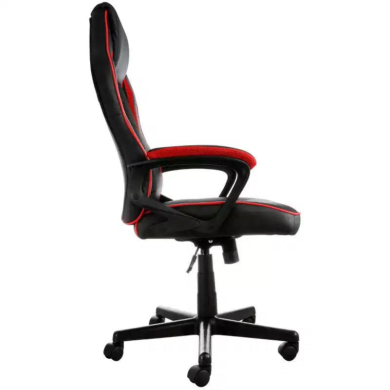 Sedia da ufficio regolabile con schienale alto in similpelle, rete e tessuto, con finiture nere e rosse