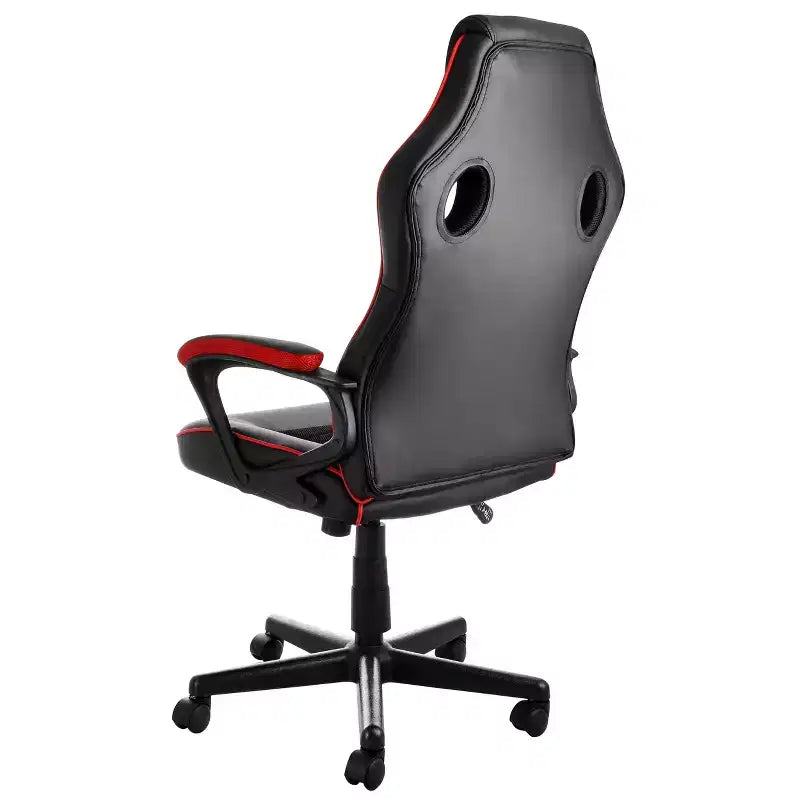 Sedia da ufficio regolabile con schienale alto in similpelle, rete e tessuto, con finiture nere e rosse