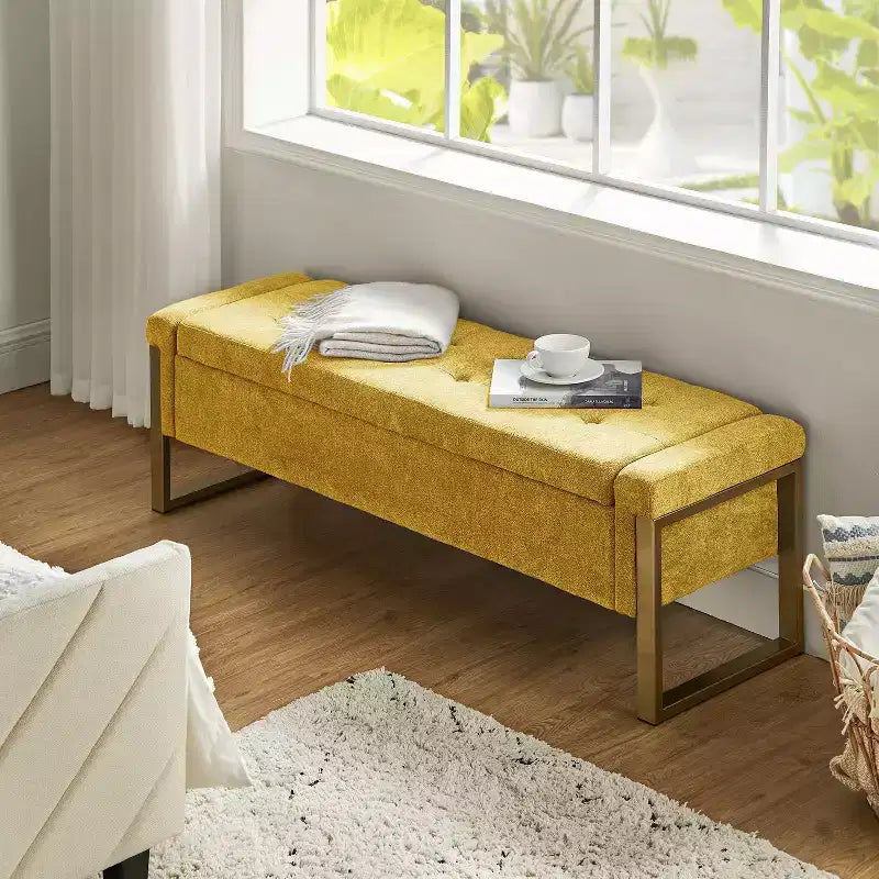 Panca portaoggetti moderna imbottita con coperchio apribile e gambe in metallo, 55.3" di larghezza